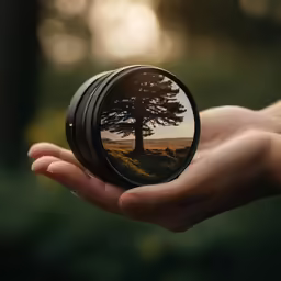 a hand holding a circular object with a landscape