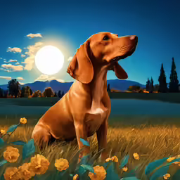 a dog is sitting in the grass with flowers