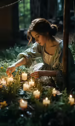 a woman sitting in the grass next to candles