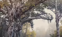 a couple of large, skinny trees are on a foggy day