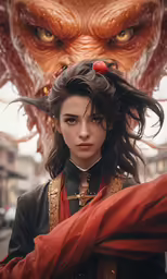 a woman in a red shirt and jacket standing in front of a giant head