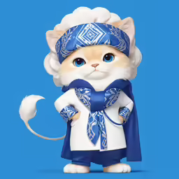 a toy cat with a blue hat and scarf on