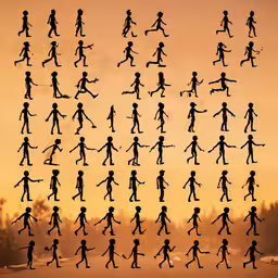 many silhouettes of different people running together,a series of images of people with skis