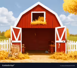 a picture of a barn with yellow hay,red barn with white siding and windows and a door