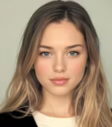 a woman with blonde hair and blue eyes looking at the camera