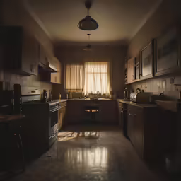 kitchen with an oven, sink, and counter with a window