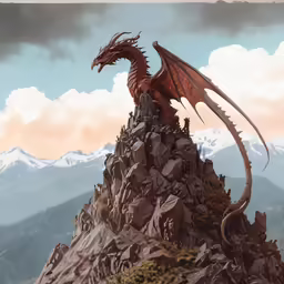 a red dragon perched on top of a rock formation