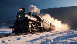 a train travels along the snow covered tracks,the steam train is driving down the track