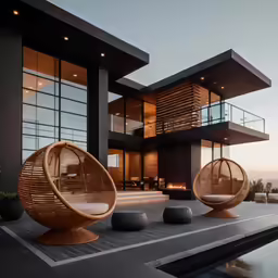 a house that has a large wooden chair next to it