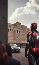 a person in a suit and helmet standing in a parking lot