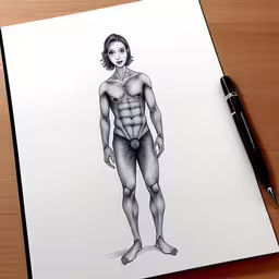 a pencil drawing of a human male on top of a white paper,there is a drawing of a man