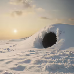 an overcast sky in the distance with snow around a large tunnel