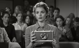 woman in a suit holds up an old camera to her face