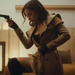 a beautiful young woman with a gun next to a couch