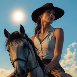 a woman wearing a cowboy hat riding on the back of a horse