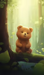 a little brown bear sitting next to a tree,a small stuffed bear sitting in the woods