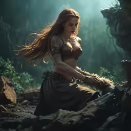 a beautiful woman standing in the middle of a jungle