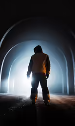 person walking through a tunnel in the fog