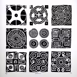 eight drawings on white paper one is large,a large print with multiple abstract designs and shapes