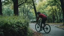 man in red shirt and black pants on bicycle next to shrubbery and path