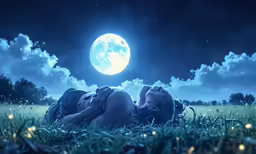 a beautiful woman laying on the grass in the moonlight under the full moon
