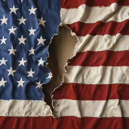 a torn up american flag, with only one piece of torn paper revealing a torn flag