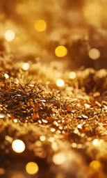 the blurry background shows gold glitterings as if it were a rain
