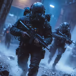 some soldiers with rifles running through the street