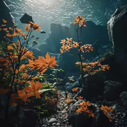 leaves in the water and rocks around it