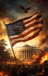 an american flag flies near a large building and birds