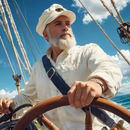 man with white beard in sailor outfit on a boat