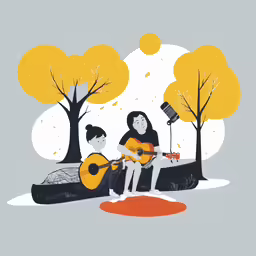 two people sitting on the ground, with a guitar and microphone