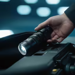 someone holding a camera with a flash light on it