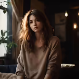 a woman sitting on a bed with her eyes closed