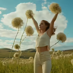 young woman in a white outfit, holding allium flower above her head