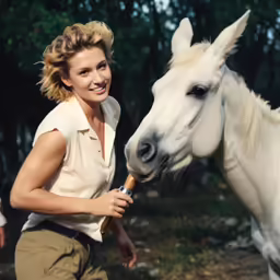 a woman feeds a white horse something with a bottle