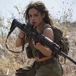 the woman in the green suit is carrying an automatic rifle