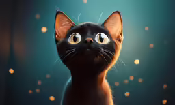 an animation cat looks up at the camera