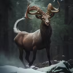 a deer with very long horns stands in the snow