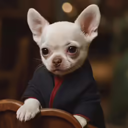 the small dog is wearing a red jacket