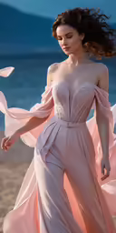 a woman standing in the sand with her dress flowing