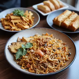a plate full of food on top of a wooden table