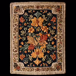 an antique, black rug with an ornamental design