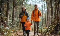 two people with small children walking in a forest