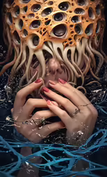 a woman wearing blue nails and white nails with long hair with the top half of her face painted orange and is covered by an artistic piece of material resembling jelly