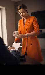a business woman hands over paperwork to a businessman