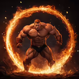 a painting of a man standing in the middle of an orange and red ring of fire