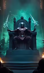 the iron man on a throne with his hands out in front of him
