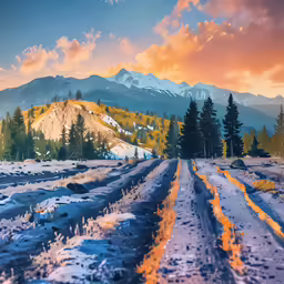 a road through a snowy valley with mountains in the distance