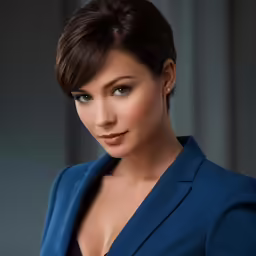 a beautiful woman in blue suit posing for a photo